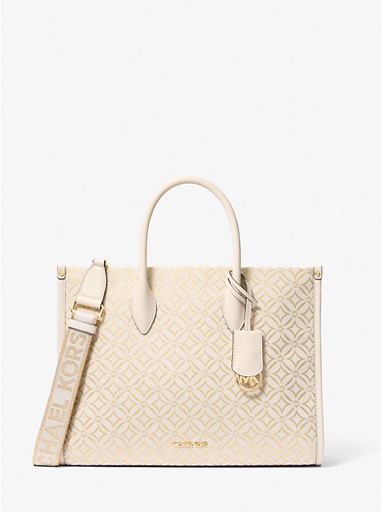 Tote Mirella Mediano Vainilla con logo dorado metalizado