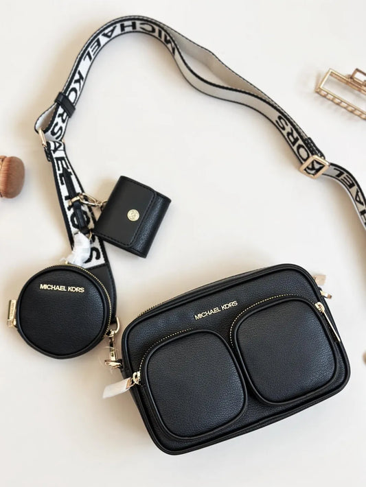 Crossbody Negro con bolsillos, straps + Porta Airpods ® + Monedero